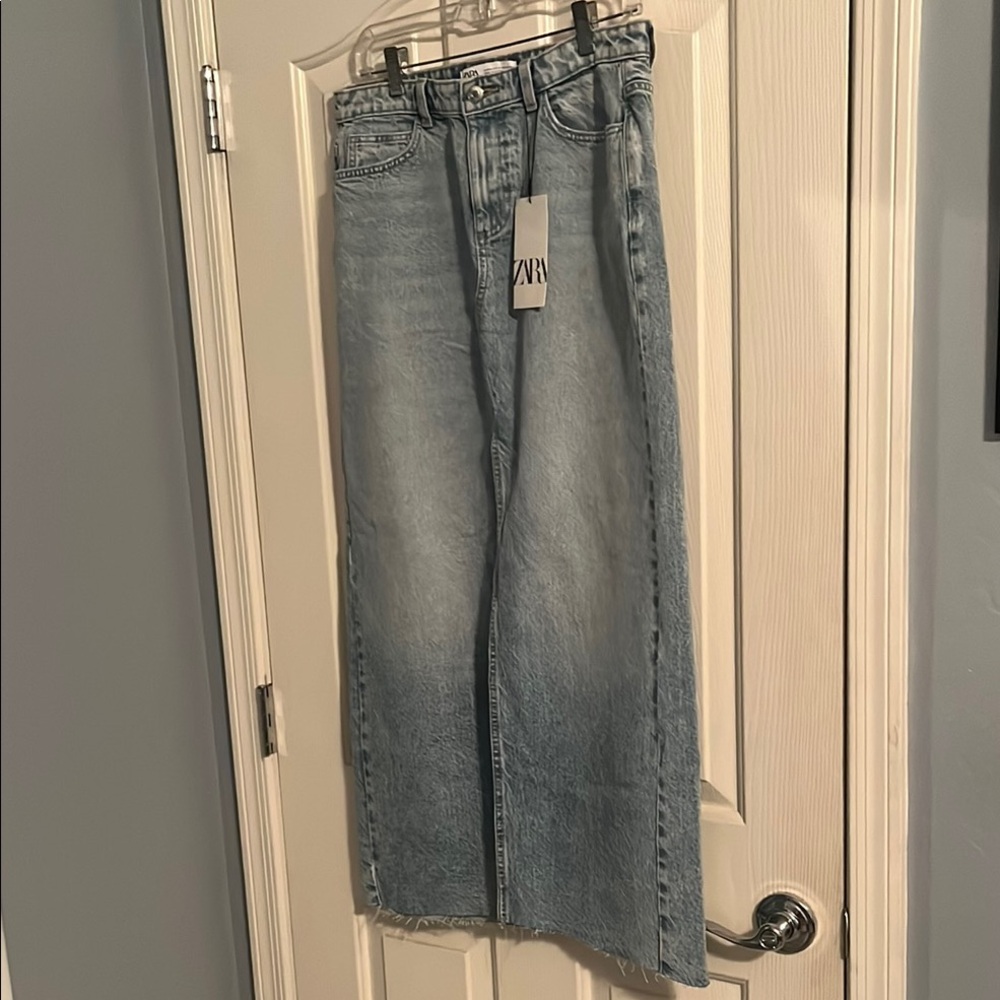 Zara Blue Long Straight Jean Skirt Classic Style with Slit